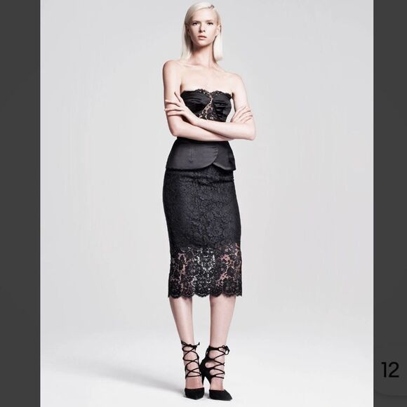 CUSHNIE ET OCHS Strapless Black Duchess Satin Lace Midi Dress Size 6 - Picture 2 of 15